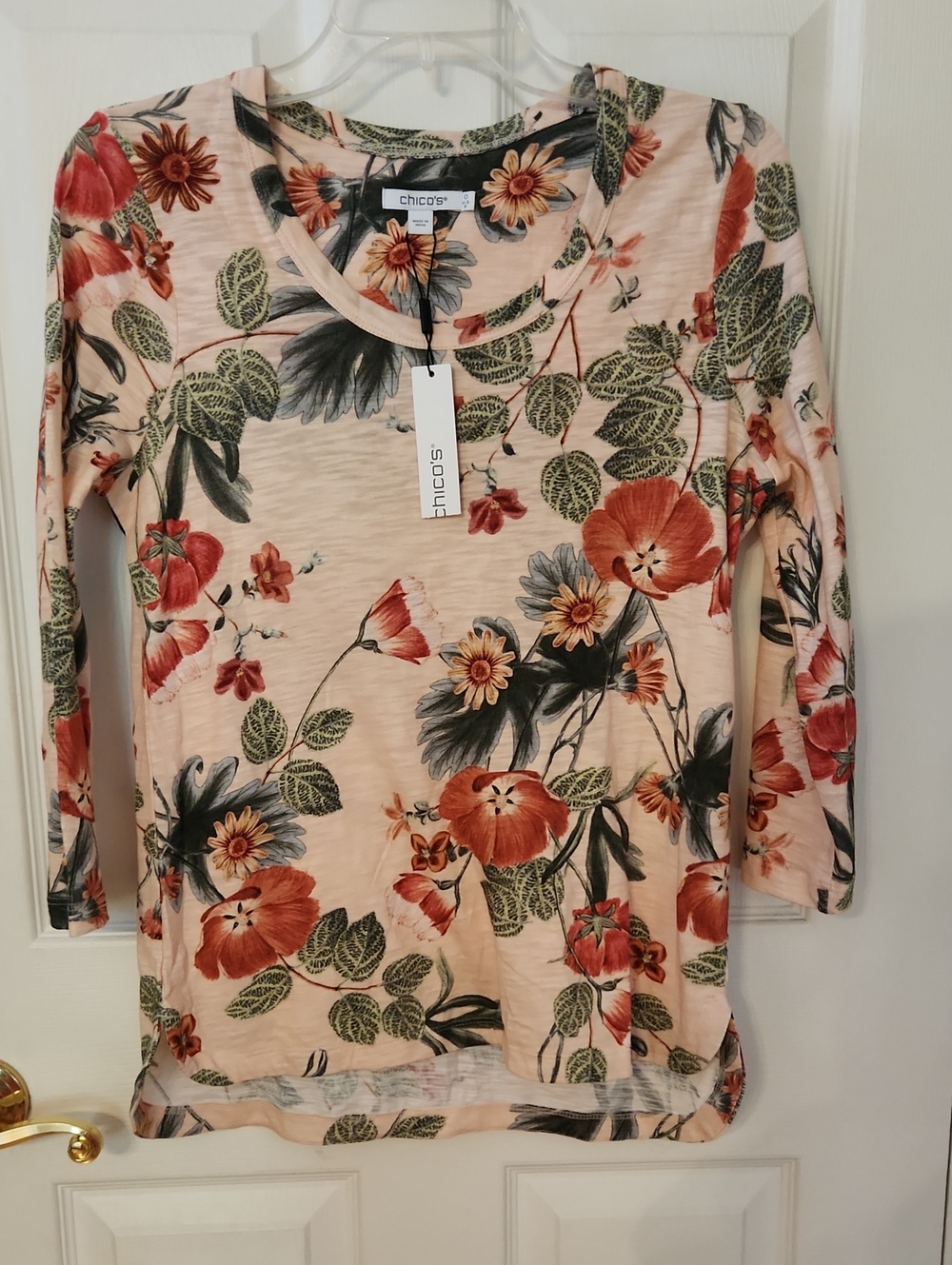 Chico's Cotton Slub Aria Garden 3/4 Sleeve Tee Top NWT Size 0 Small